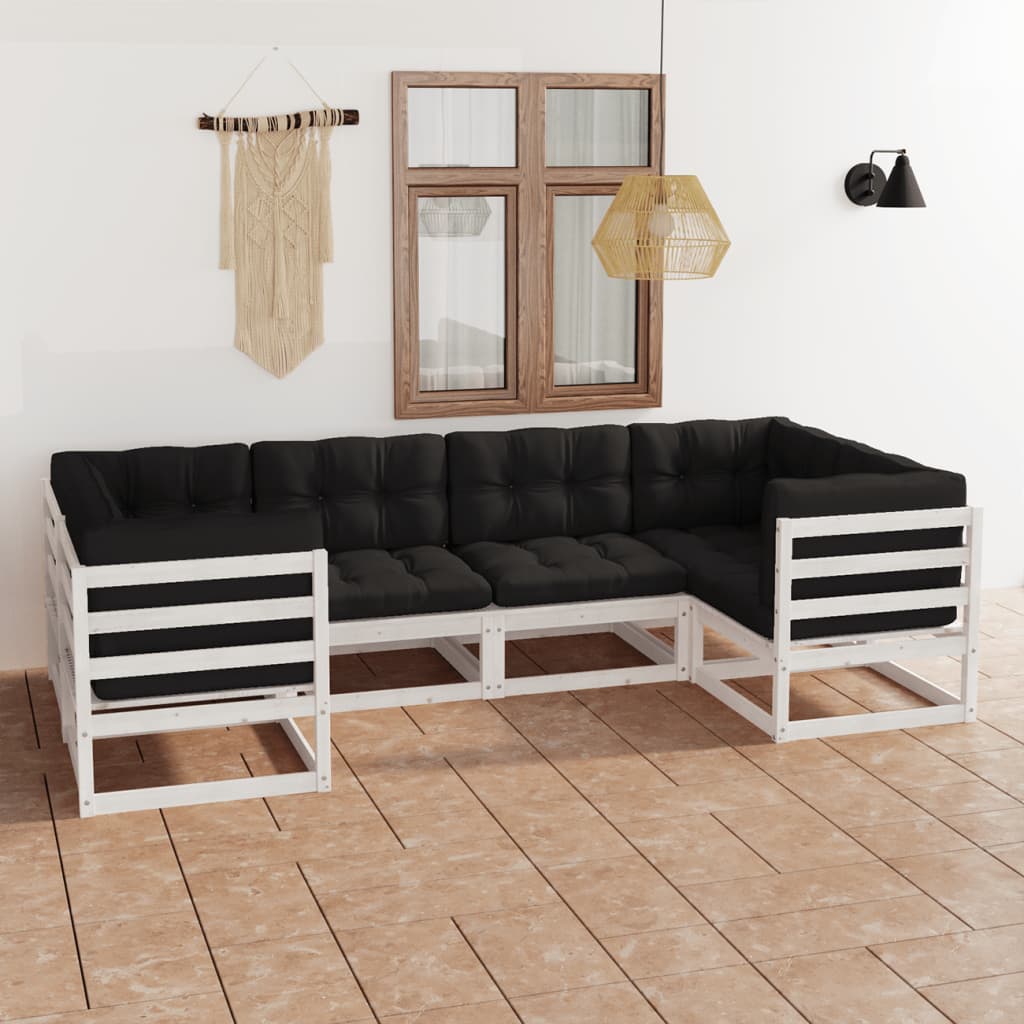 6-tlg. Garten-Lounge-Set mit Kissen Weiss Kiefer Massivholz